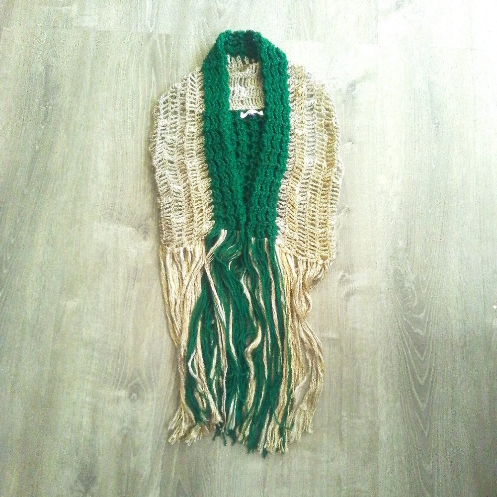 Beige and Forest Green Crochet Vest with Extra Long Fringes Boho Inspired